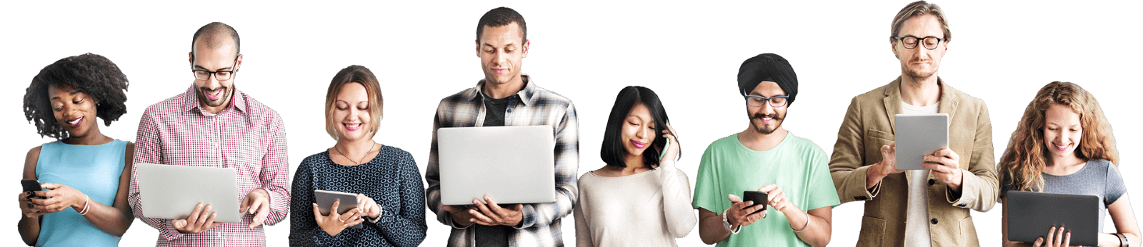 People in a row holding phones, laptops and tablets