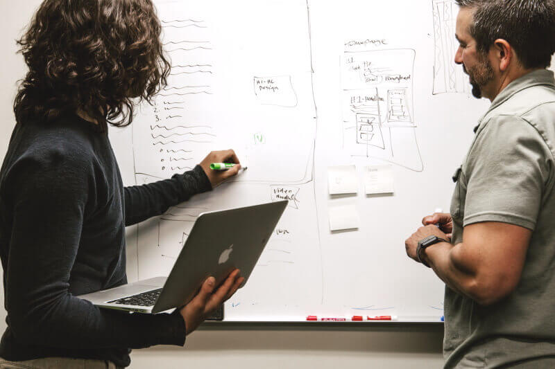 Woman and man writing on a whiteboard