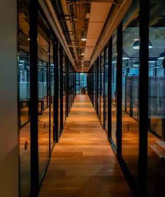 View of long office hallway